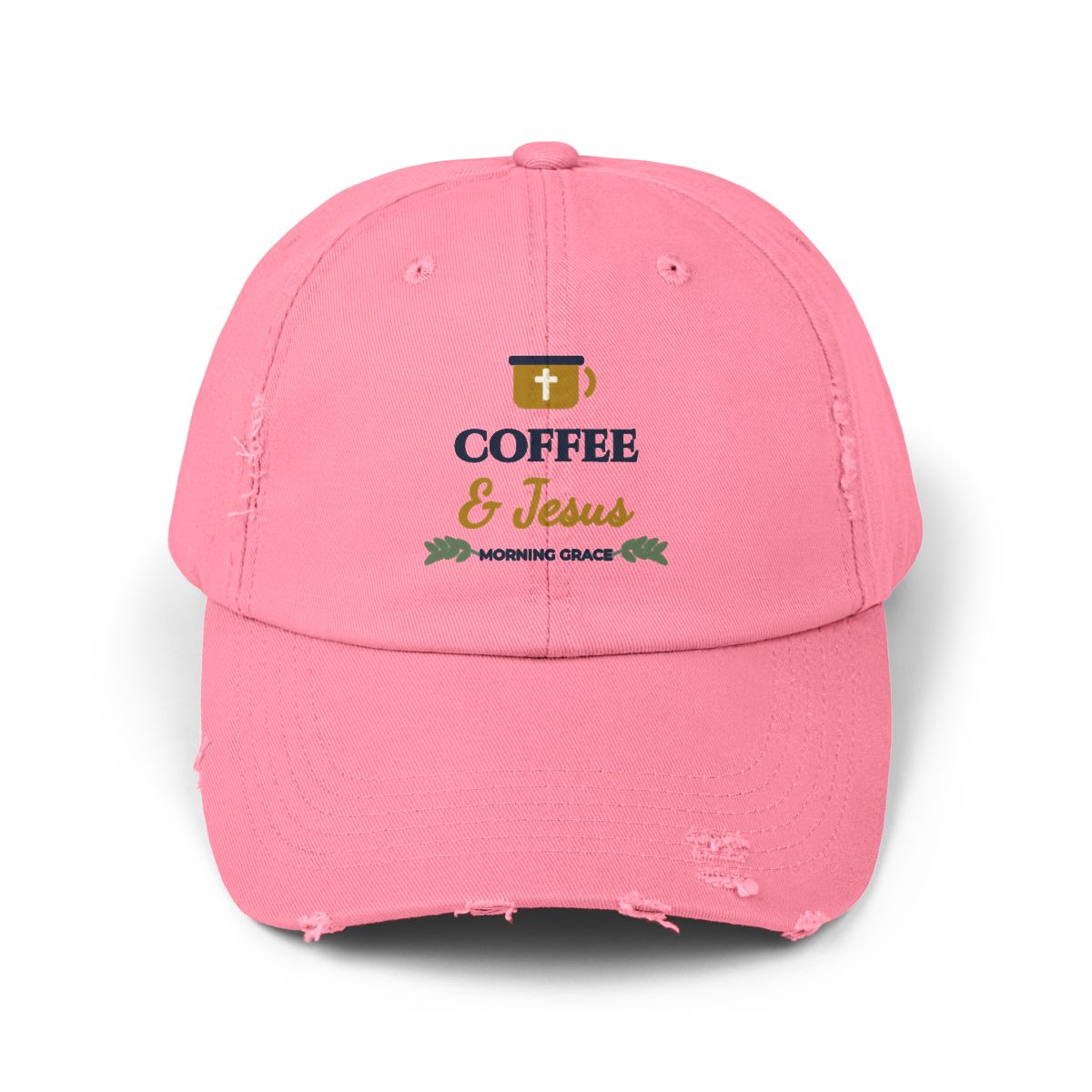 Coffee & Jesus Distressed Cotton Dad Cap — True Pink Front View
