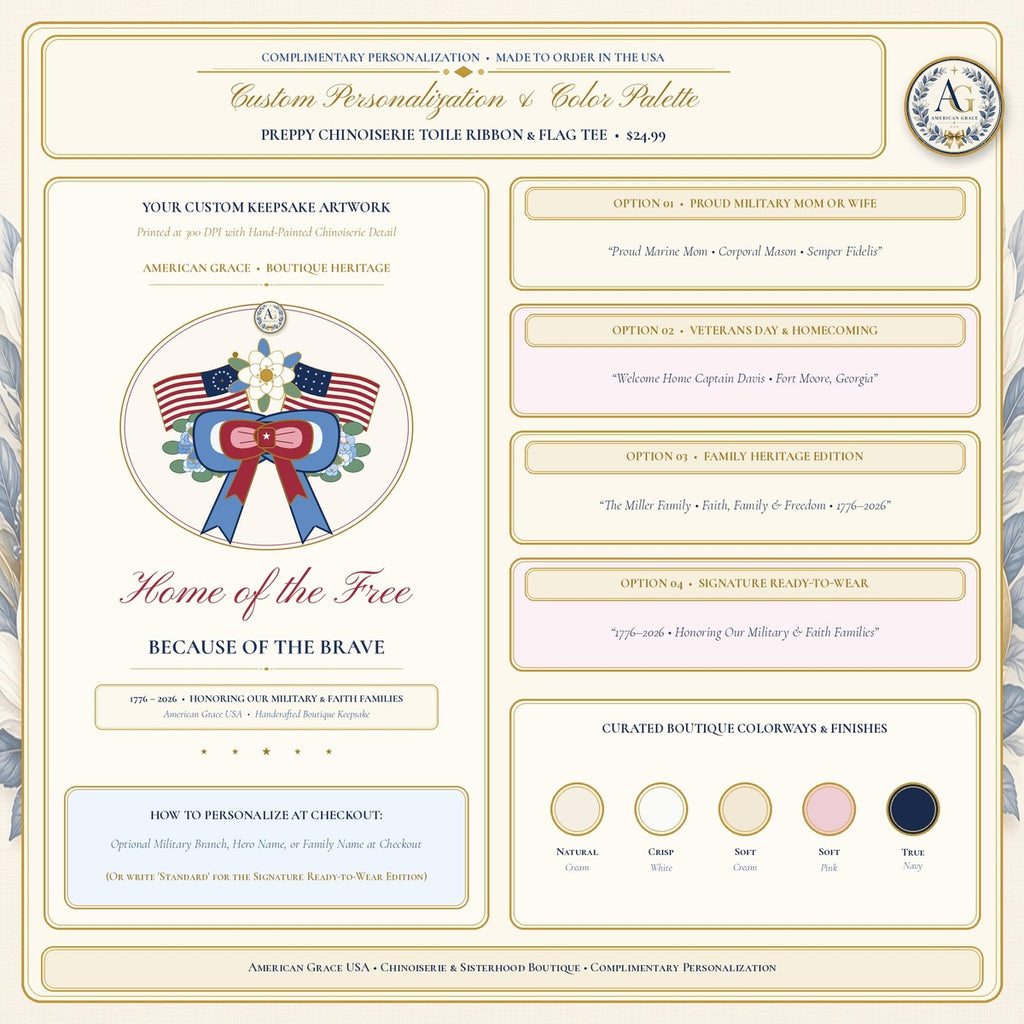 "American Grace • Home of the Free, Because of the Brave" Preppy Toile Ribbon & Flag Bella+Canvas Boutique Tee - Boutique Gallery Card 2