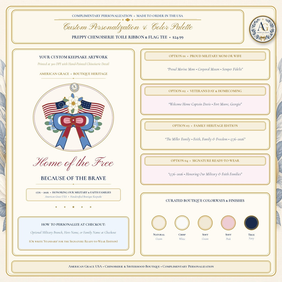 "American Grace • Home of the Free, Because of the Brave" Preppy Toile Ribbon & Flag Bella+Canvas Boutique Tee - Boutique Gallery Card 2