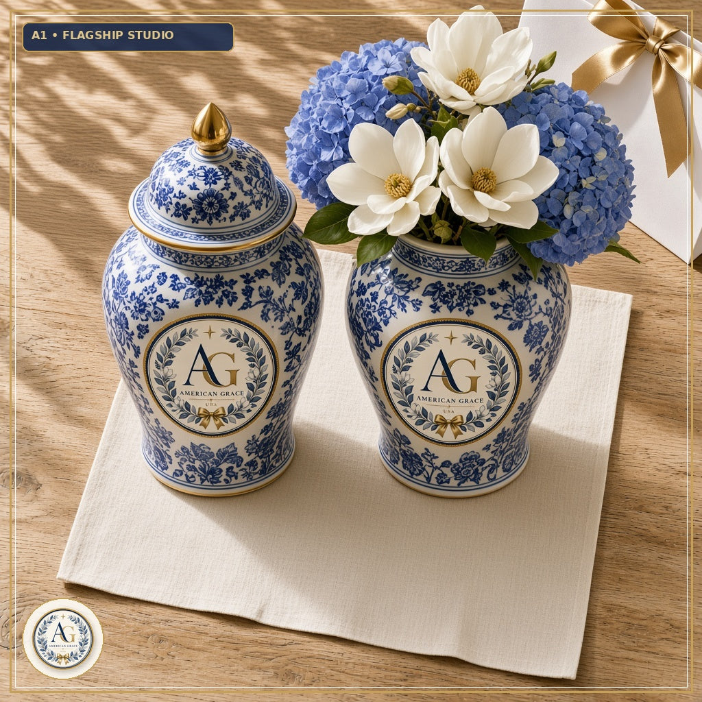 "Magnolia Lane" Blue & White Chinoiserie Porcelain Ginger Jar & Temple Vase — Flagship Boutique Oak Table Studio