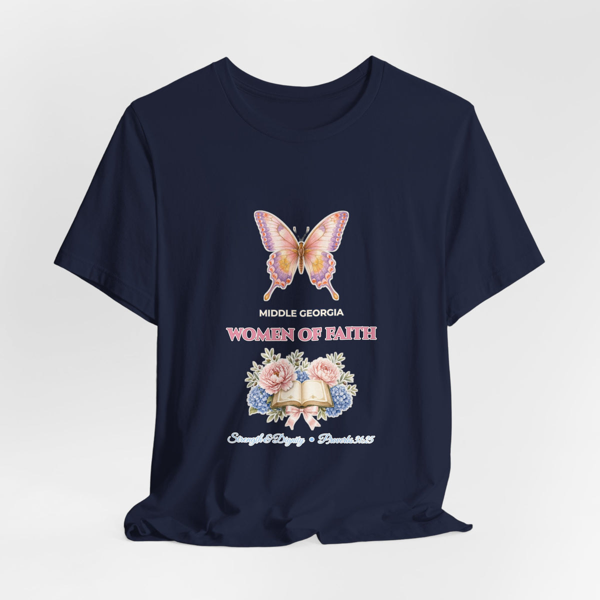 Personalized Custom Church or Ministry Name Shirt | Watercolor Butterfly & Scripture Bella+Canvas 3001 Tee | Women of Faith Bible Study Gift