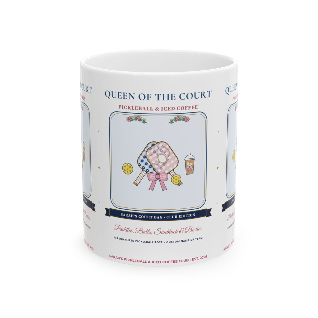 Personalized "Queen of the Court" Custom Name or Club Preppy Chinoiserie Pickleball & Iced Coffee Ceramic Mug (11oz / 15oz)