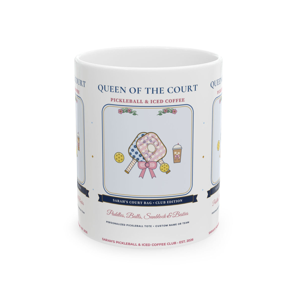 Personalized "Queen of the Court" Custom Name or Club Preppy Chinoiserie Pickleball & Iced Coffee Ceramic Mug (11oz / 15oz)