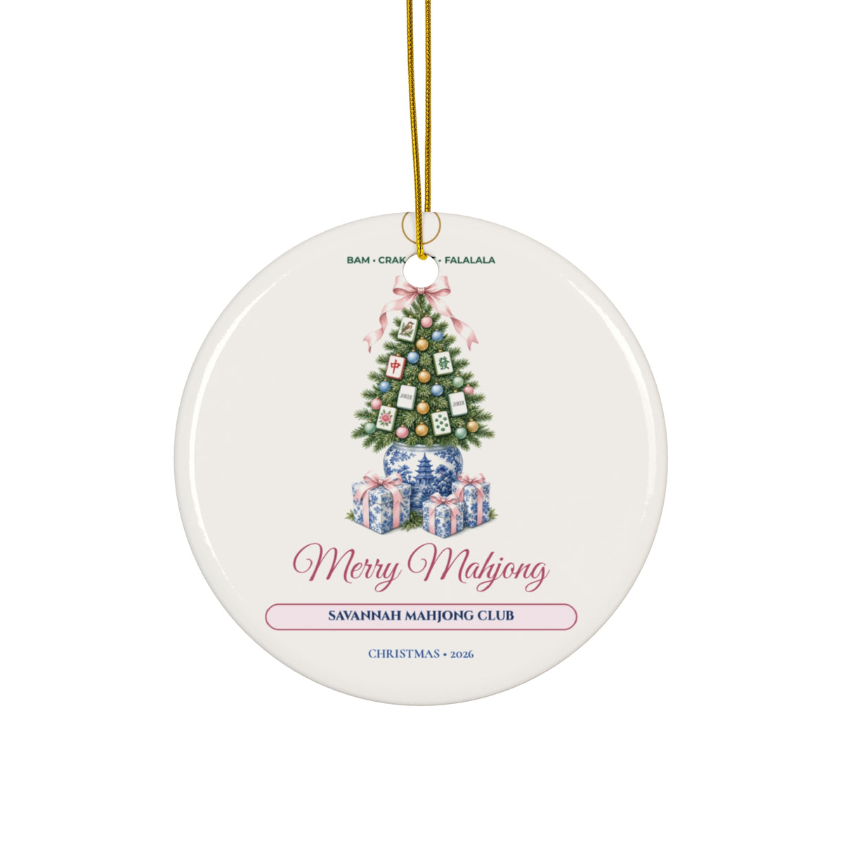 Personalized "Merry Mahjong • [Club or Hostess Name] 2026" Chinoiserie Ginger-Jar Tree Ceramic Christmas Ornament | Mahjong Hostess Gift
