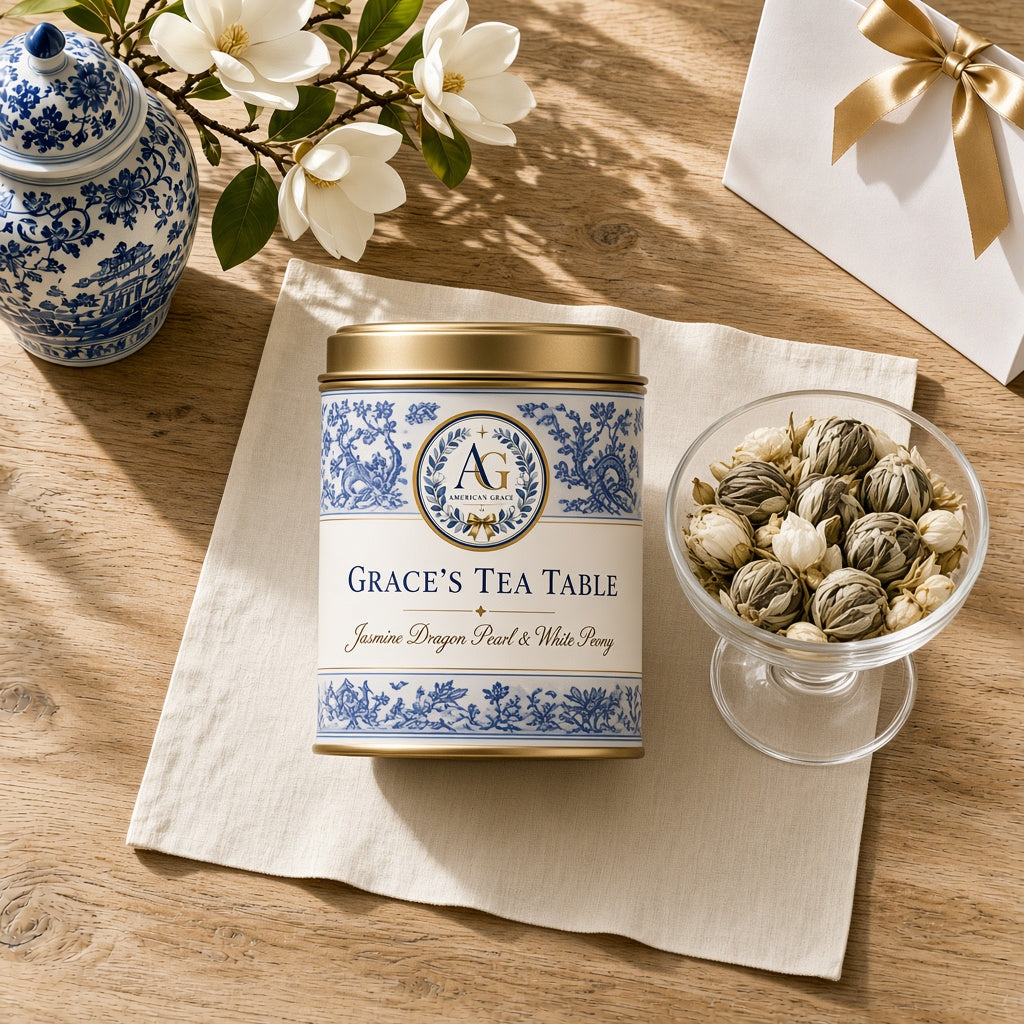 Grace's Chinoiserie Tea Table Blend — USDA Organic Jasmine Dragon Pearl & White Peony Tea (American Grace USA) — Sunlit White Oak Table Close-Up