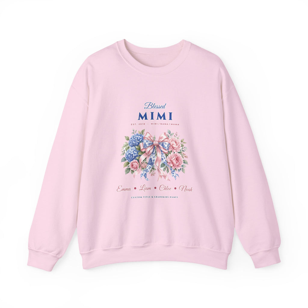 Personalized Blessed Mimi, Nana or Mama Chinoiserie Bow & Grandkids Names Sweatshirt | Custom Floral Coquette Grandma & Mom Crewneck