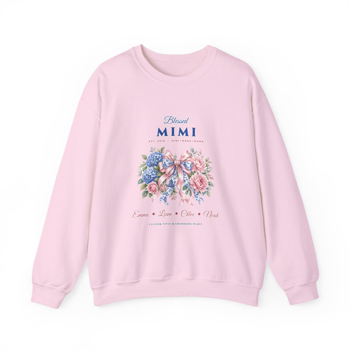 Personalized Blessed Mimi, Nana or Mama Chinoiserie Bow & Grandkids Names Sweatshirt | Custom Floral Coquette Grandma & Mom Crewneck