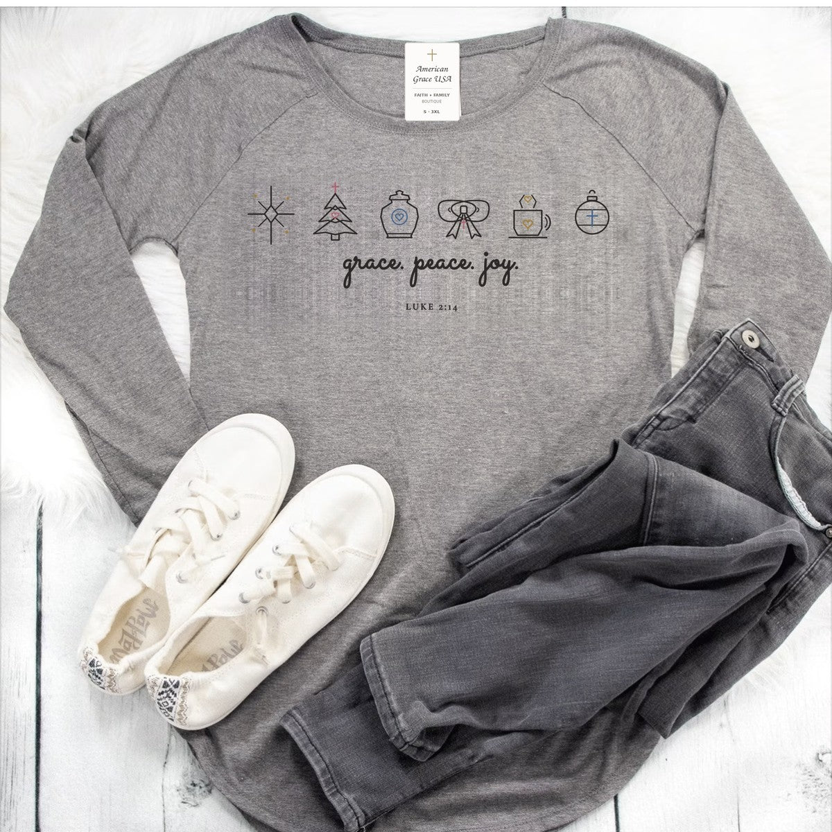 Grace Peace Joy Women's Featherweight French Terry Raglan Pullover White Shiplap Outfit Flat-Lay Hero | American Grace USA