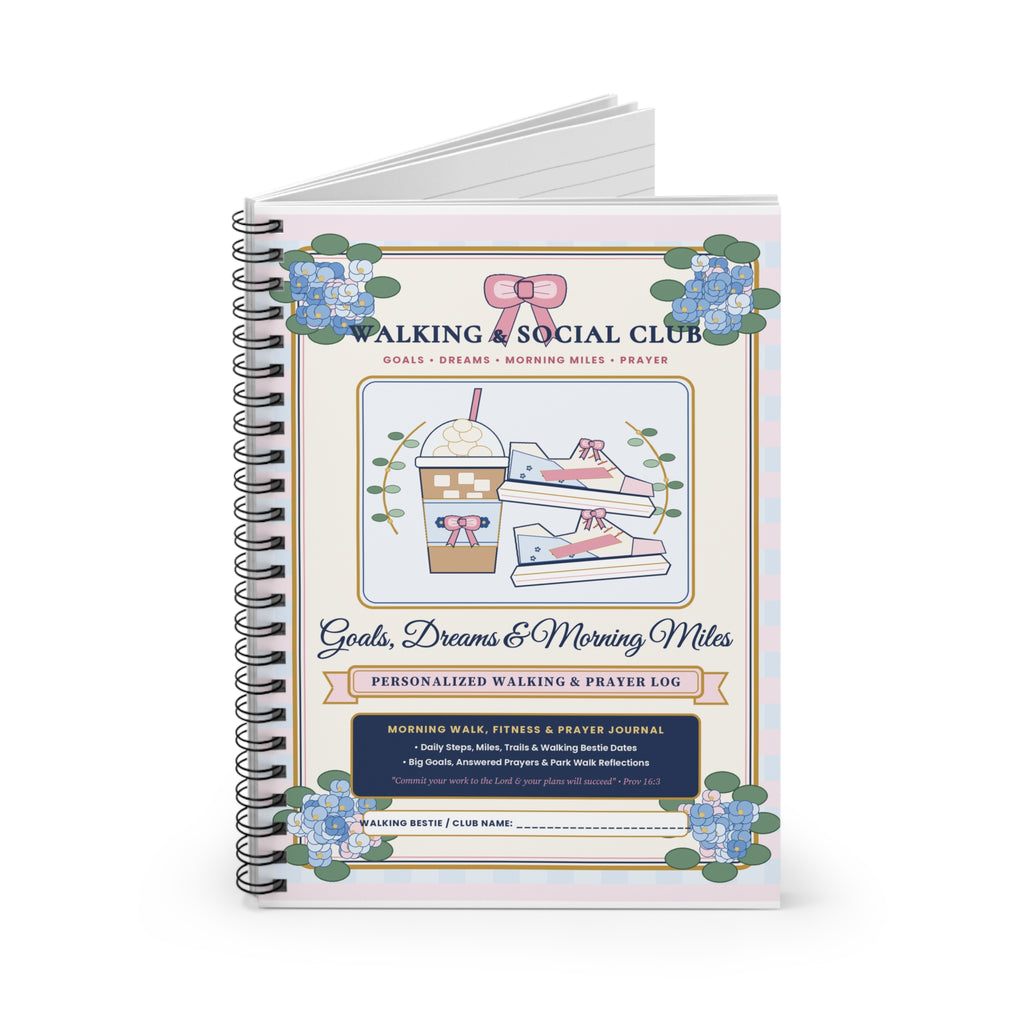 Personalized "Walking Club & Morning Miles Log" — Chinoiserie & Coquette Bow 6" × 8" Spiral Fitness, Prayer & Goals Journal