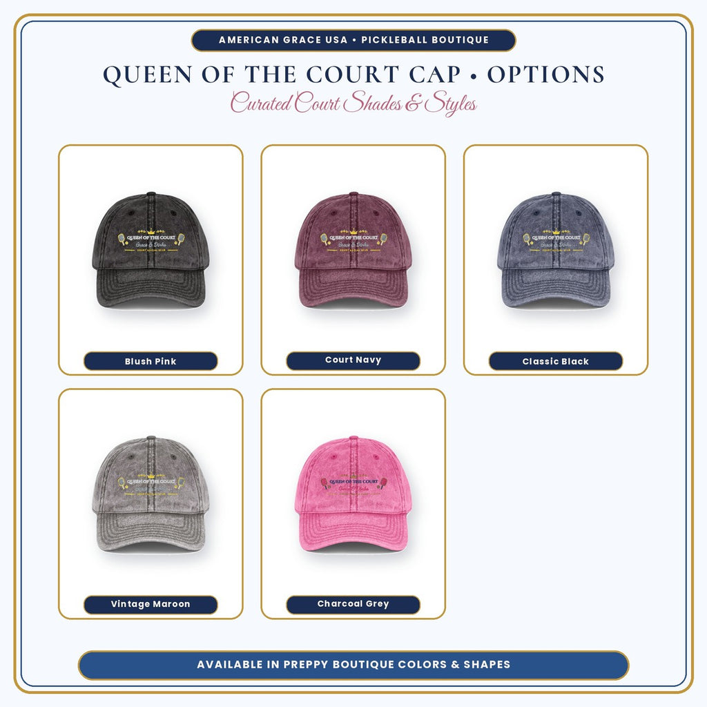 Queen of the Court Embroidered Pickleball Cap 5 Vintage Colorways Grid