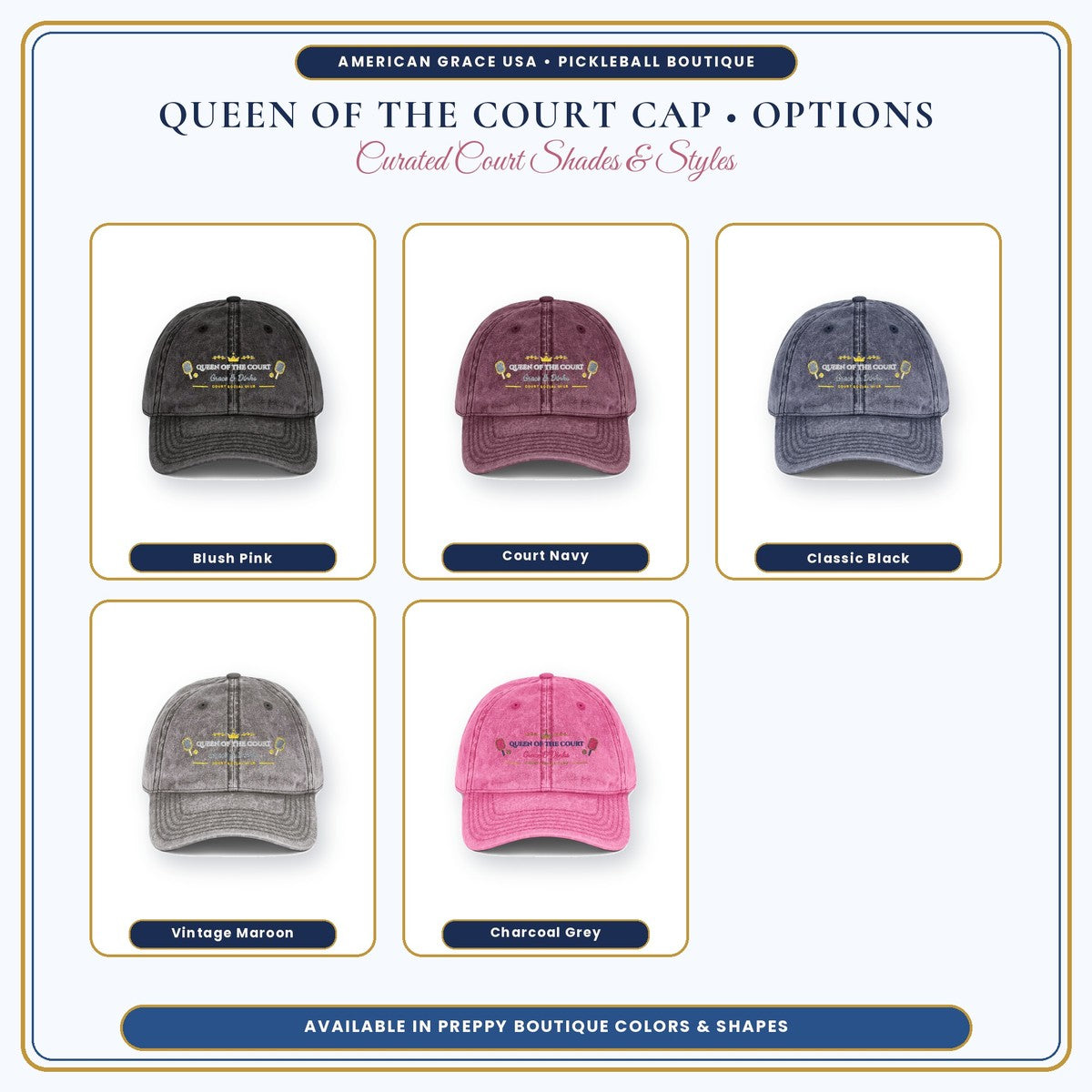 Queen of the Court Embroidered Pickleball Cap 5 Vintage Colorways Grid