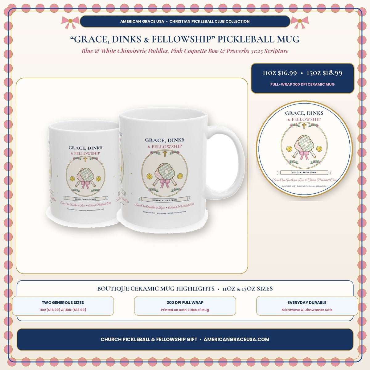 Grace, Dinks & Fellowship Church Pickleball Club Chinoiserie & Coquette Bow Mug Boutique Hero Card - AmericanGraceUSA