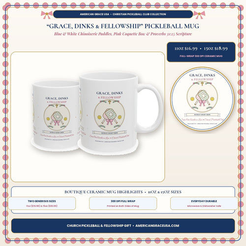 Grace, Dinks & Fellowship Church Pickleball Club Chinoiserie & Coquette Bow Mug Boutique Hero Card - AmericanGraceUSA