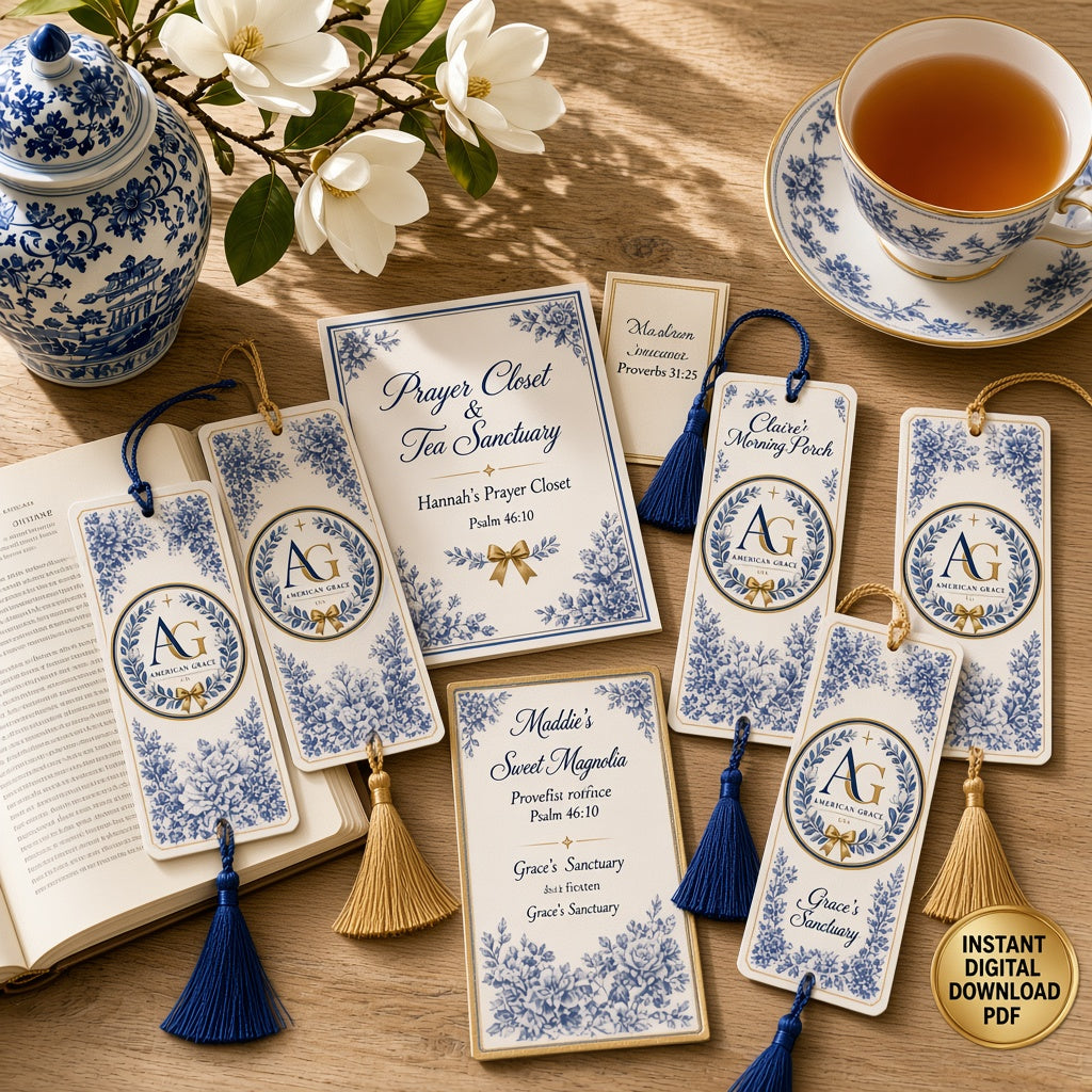 The American Grace Sisterhood Chinoiserie Bookmark & Prayer Closet Scripture Card Set (Instant Digital Printable PDF) — Sunlit White Oak Table Close-Up