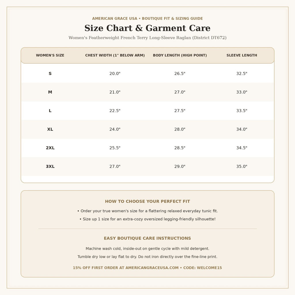 Women's Featherweight French Terry Raglan Size Chart & Care Guide | American Grace USA