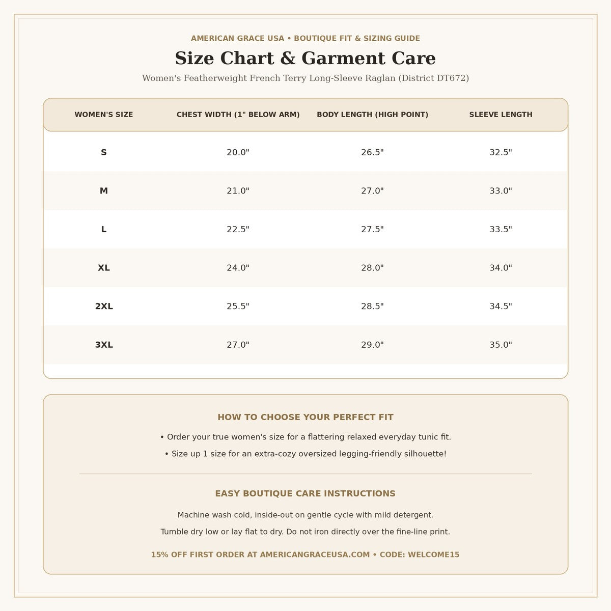 Women's Featherweight French Terry Raglan Size Chart & Care Guide | American Grace USA