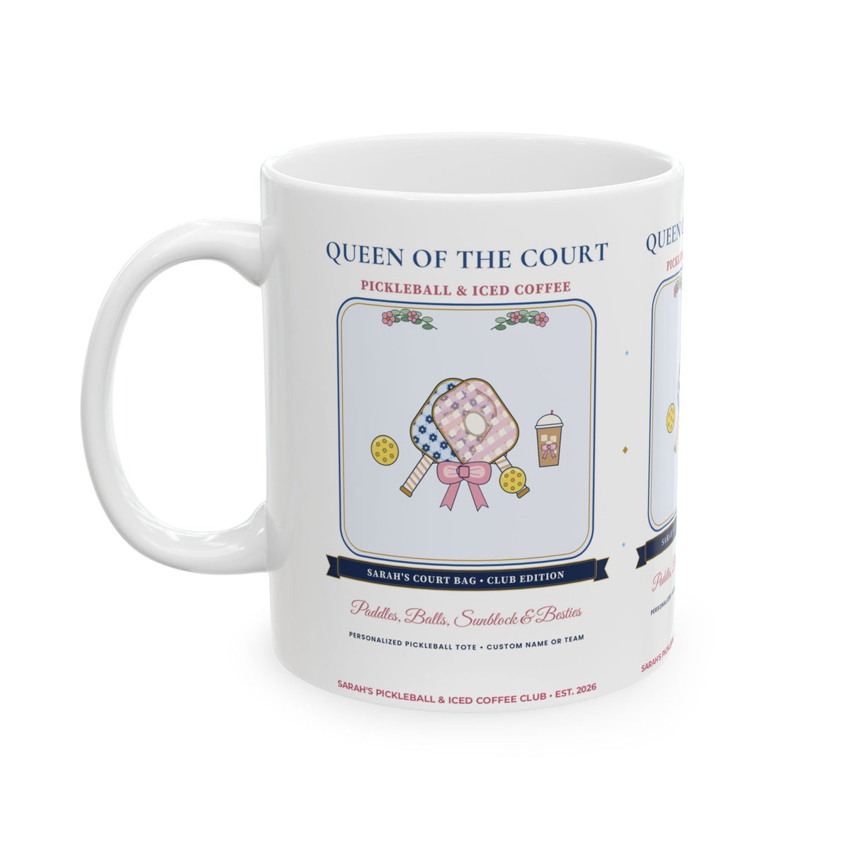 Personalized "Queen of the Court" Custom Name or Club Preppy Chinoiserie Pickleball & Iced Coffee Ceramic Mug (11oz / 15oz)