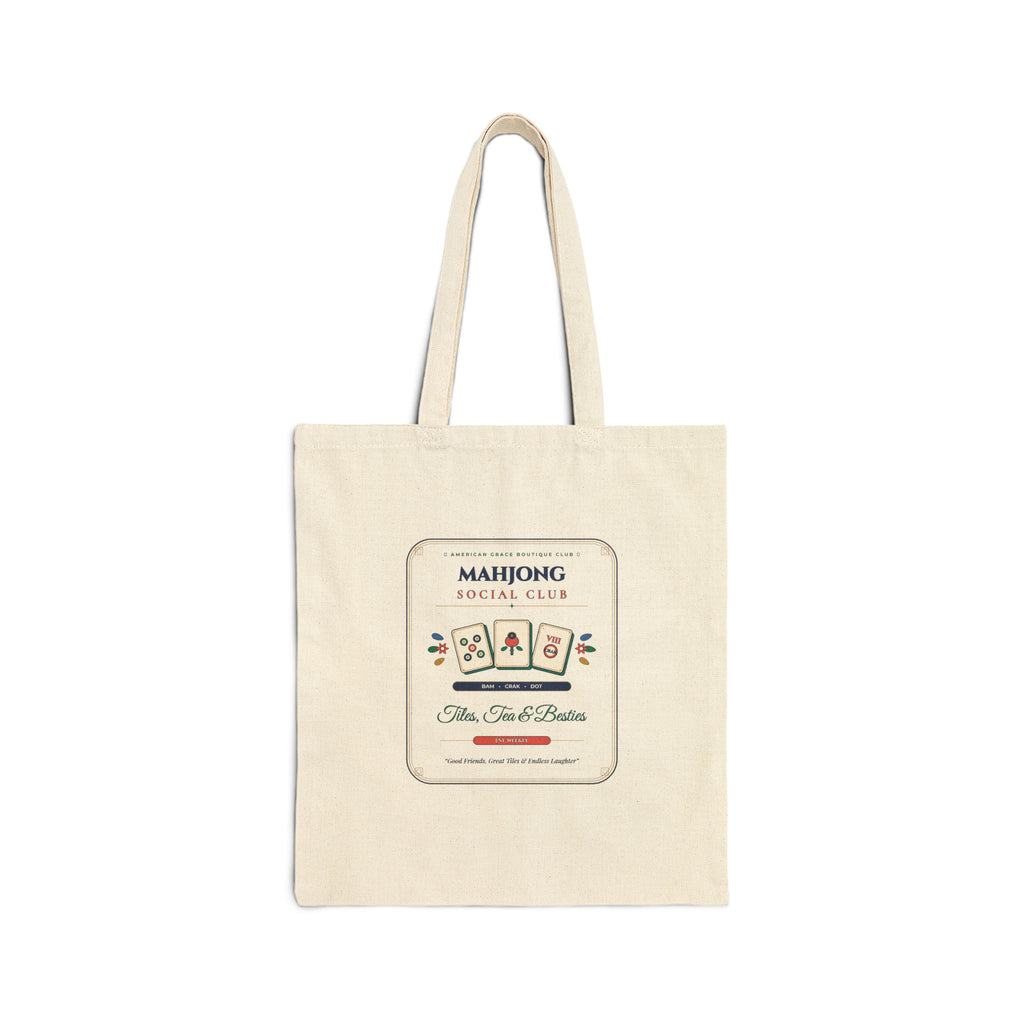 Mahjong Social Club Canvas Tote Bag | Tiles Tea & Besties Chinoiserie Game Night Tote | Mahjong Player Gift