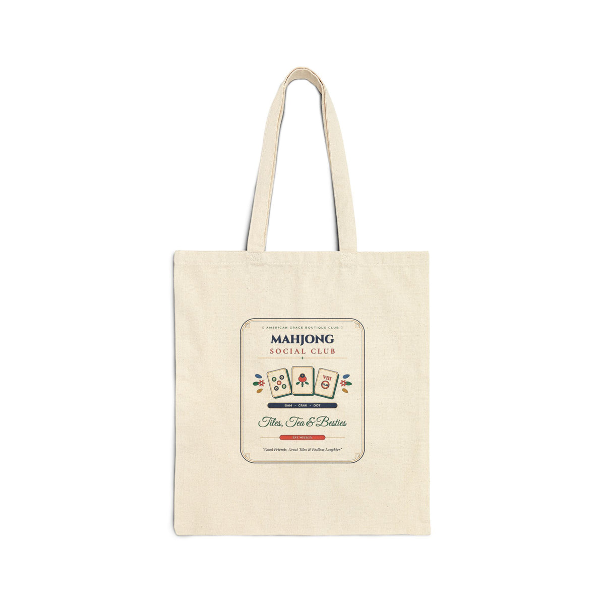 Mahjong Social Club Canvas Tote Bag | Tiles Tea & Besties Chinoiserie Game Night Tote | Mahjong Player Gift