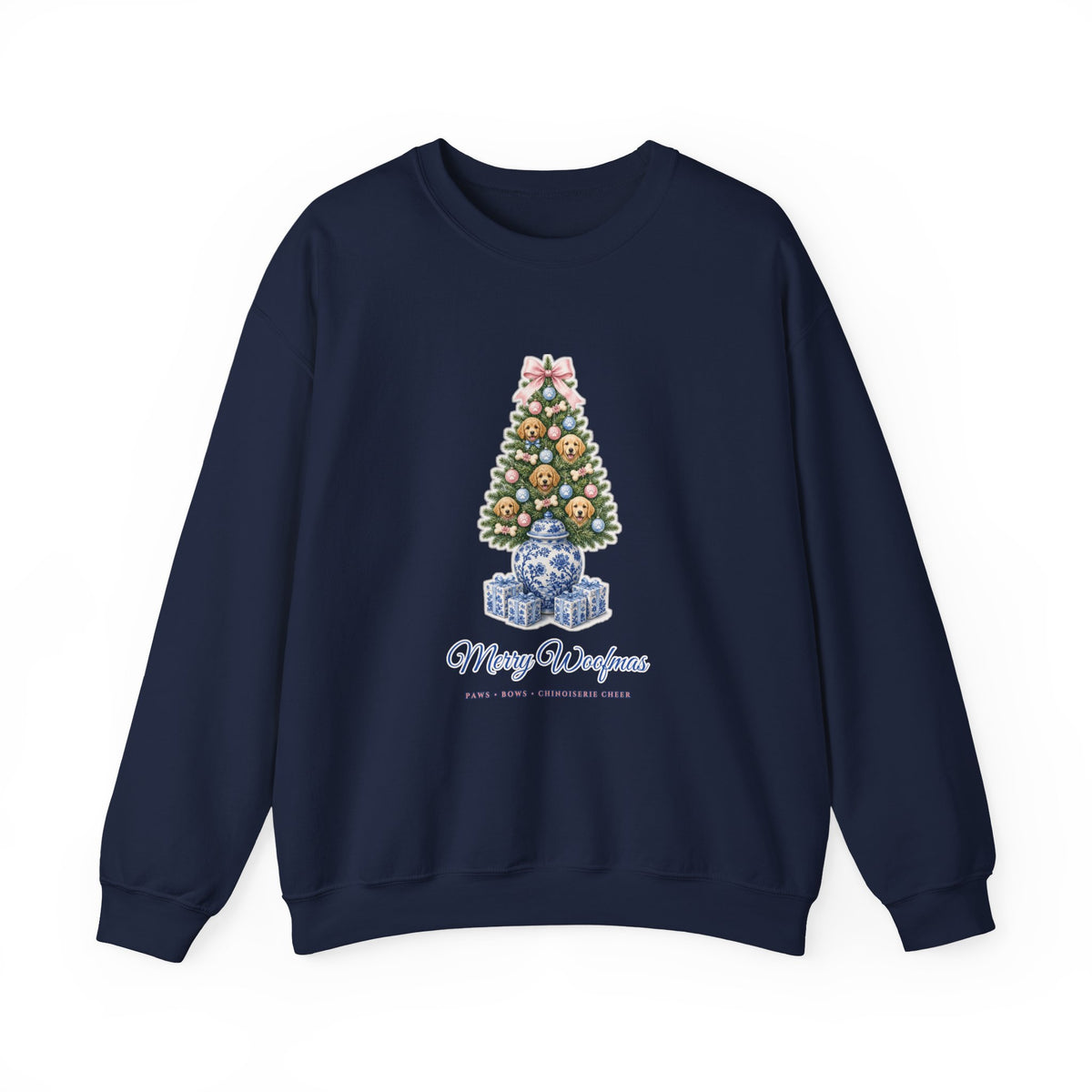 Merry Woofmas Chinoiserie Ginger-Jar Christmas Tree & Golden Doodle Ornaments Sweatshirt | Coquette Bow Dog Mom Holiday Crewneck
