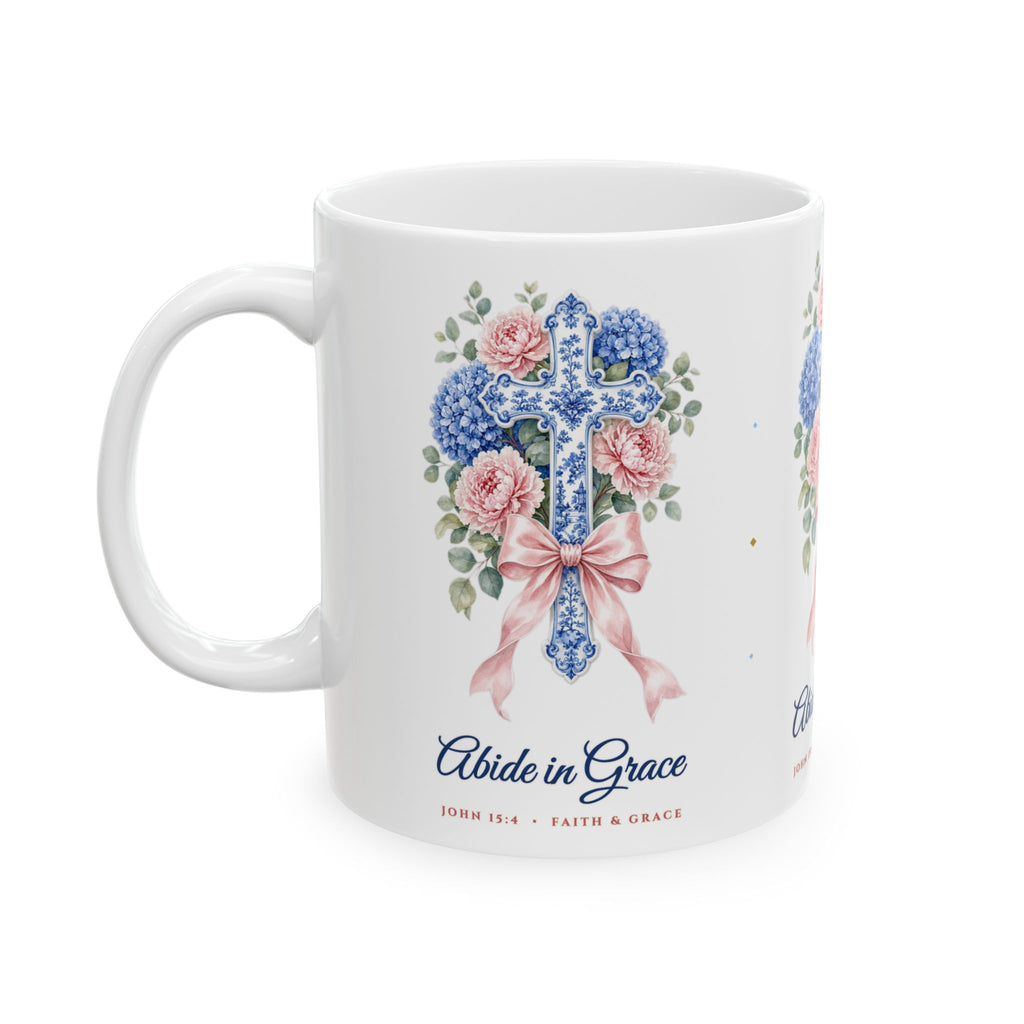 "Abide in Grace • John 15:4" Chinoiserie Ginger-Jar & Blue Hydrangea Cross Christian Coffee Mug (11oz / 15oz) | Coquette Faith Gift