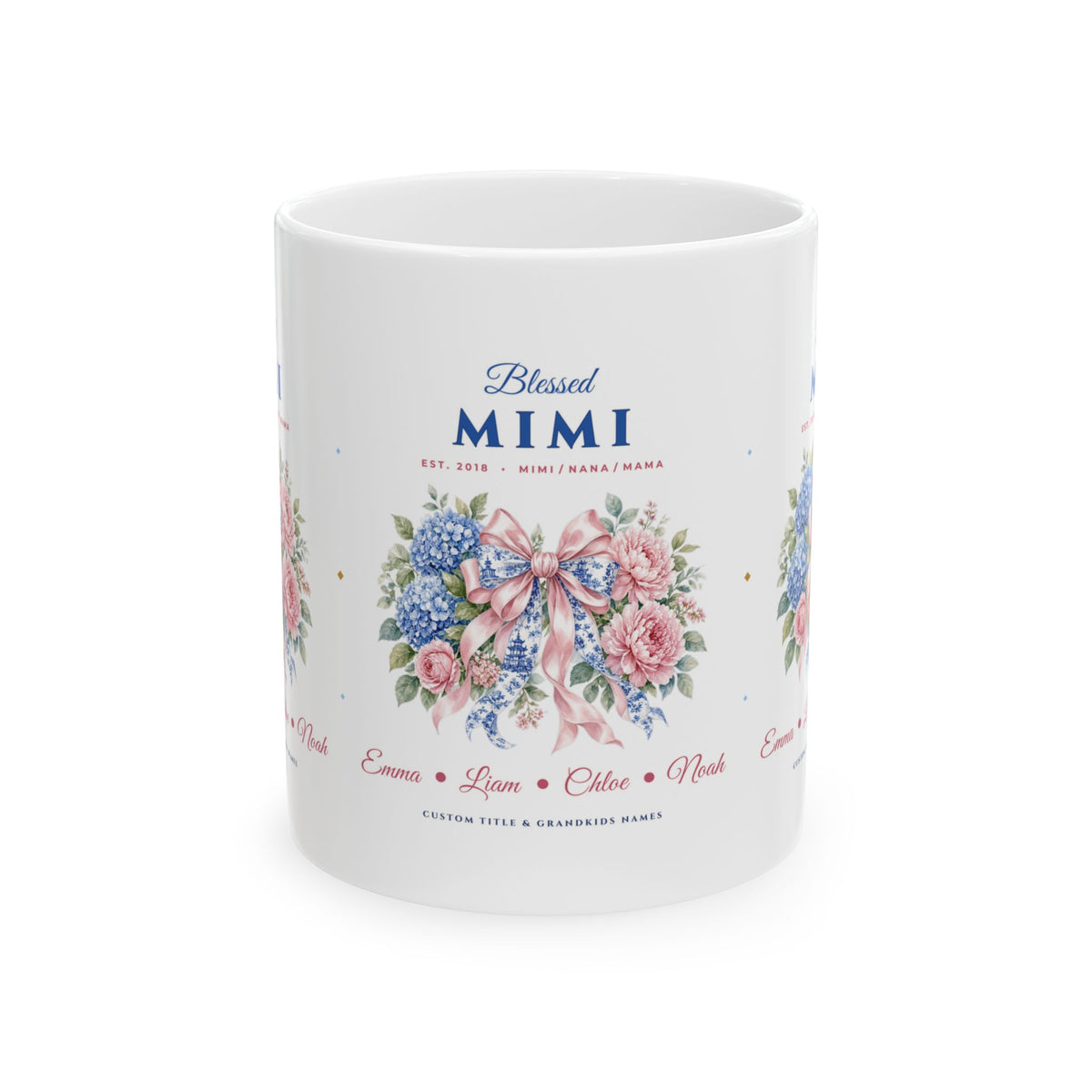 Personalized "Blessed Mimi, Nana or Mama" Chinoiserie Coquette Bow & Grandkids Names Ceramic Mug (11oz / 15oz) | Custom Grandma Gift