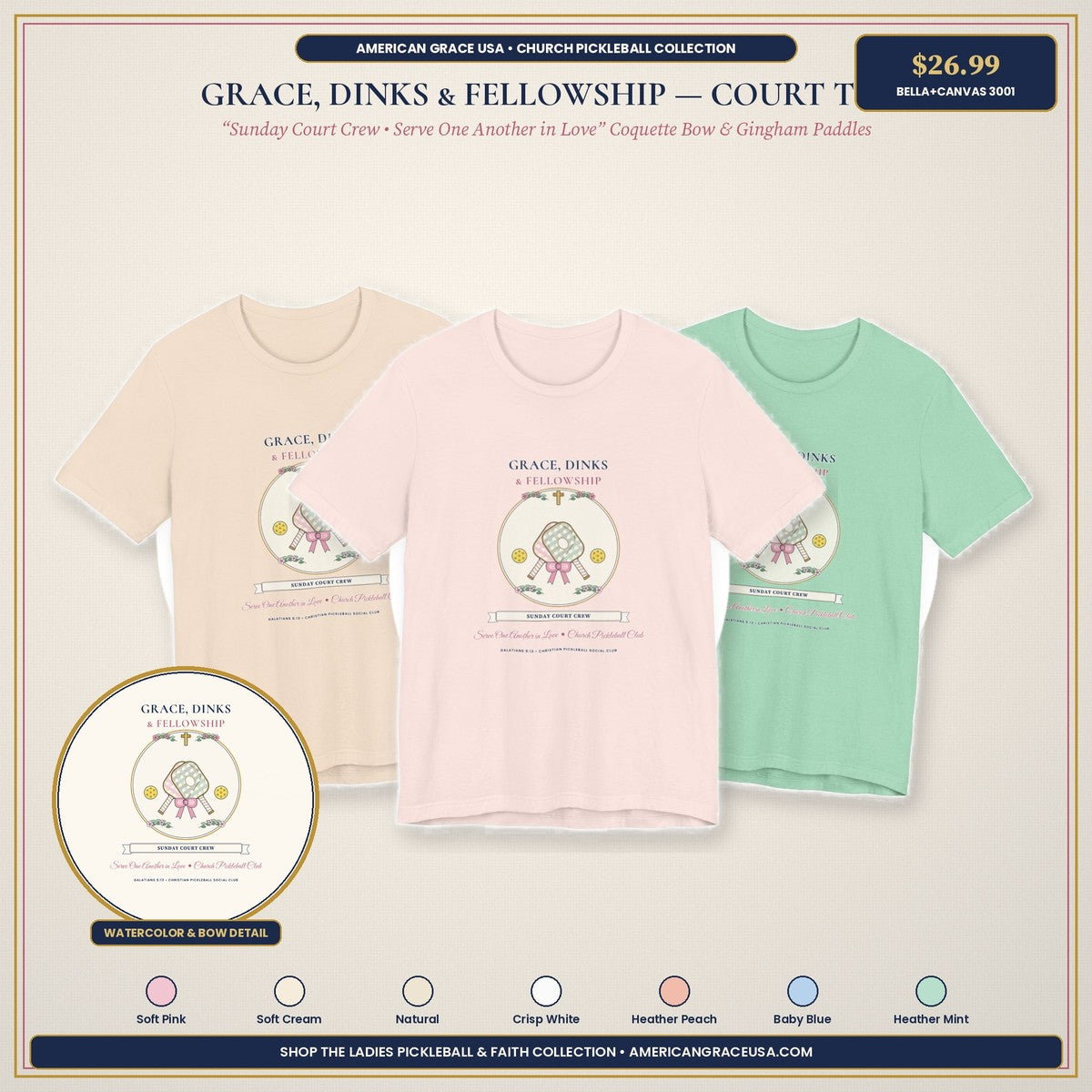 Grace, Dinks & Fellowship Church Pickleball Club Shirt — Boutique Flat-Lay Hero Mockup on Bella+Canvas 3001 Tee