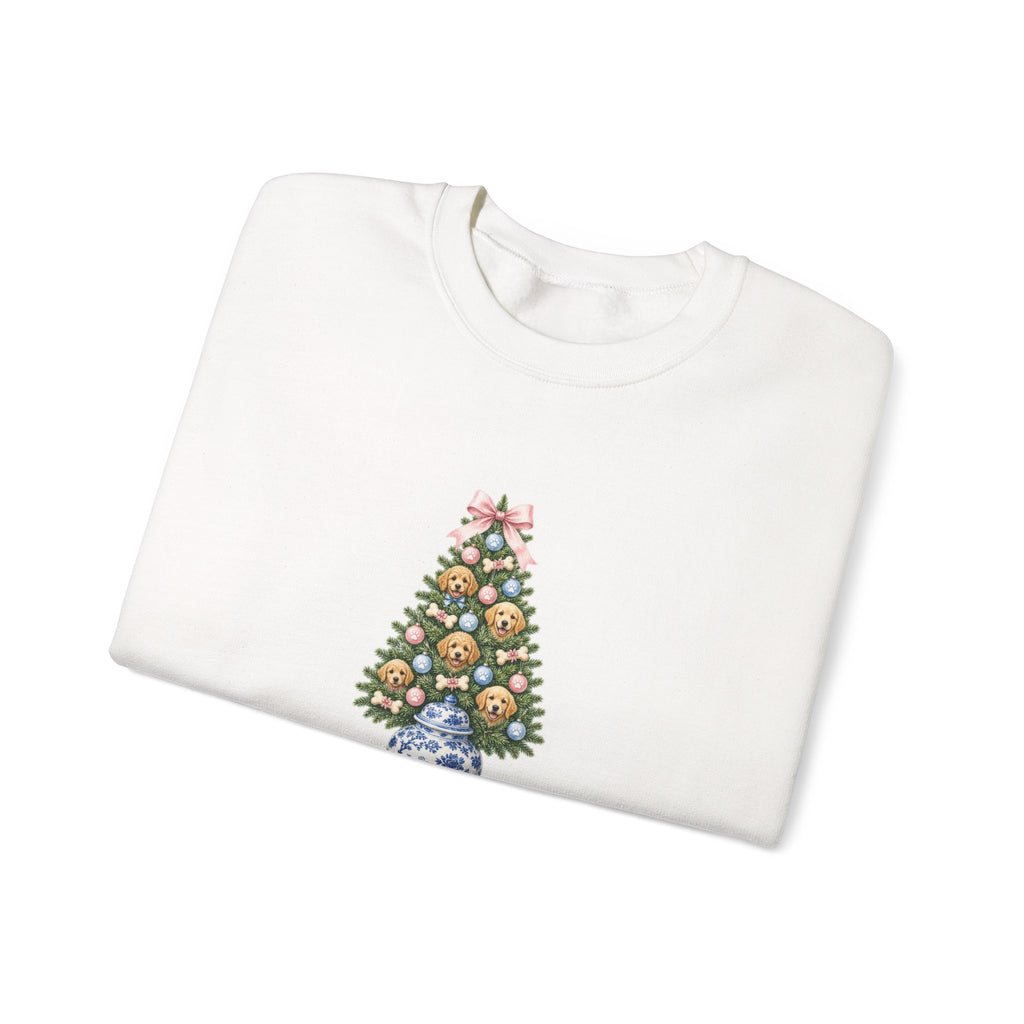 Merry Woofmas Chinoiserie Ginger-Jar Christmas Tree & Golden Doodle Ornaments Sweatshirt | Coquette Bow Dog Mom Holiday Crewneck