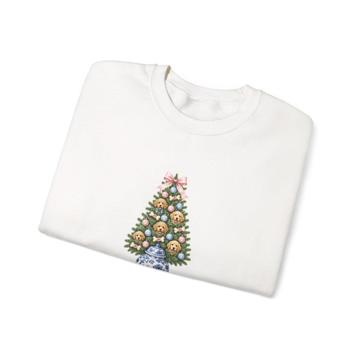 Merry Woofmas Chinoiserie Ginger-Jar Christmas Tree & Golden Doodle Ornaments Sweatshirt | Coquette Bow Dog Mom Holiday Crewneck
