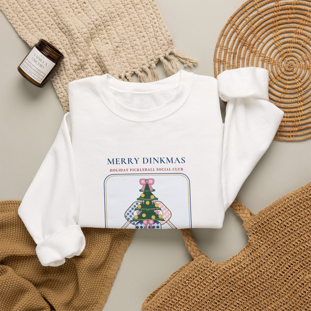 "Merry Dinkmas • Court & Cocoa Club" Chinoiserie Ginger-Jar Christmas Tree & Pickleball Paddles Holiday Sweatshirt | Coquette Crewneck
