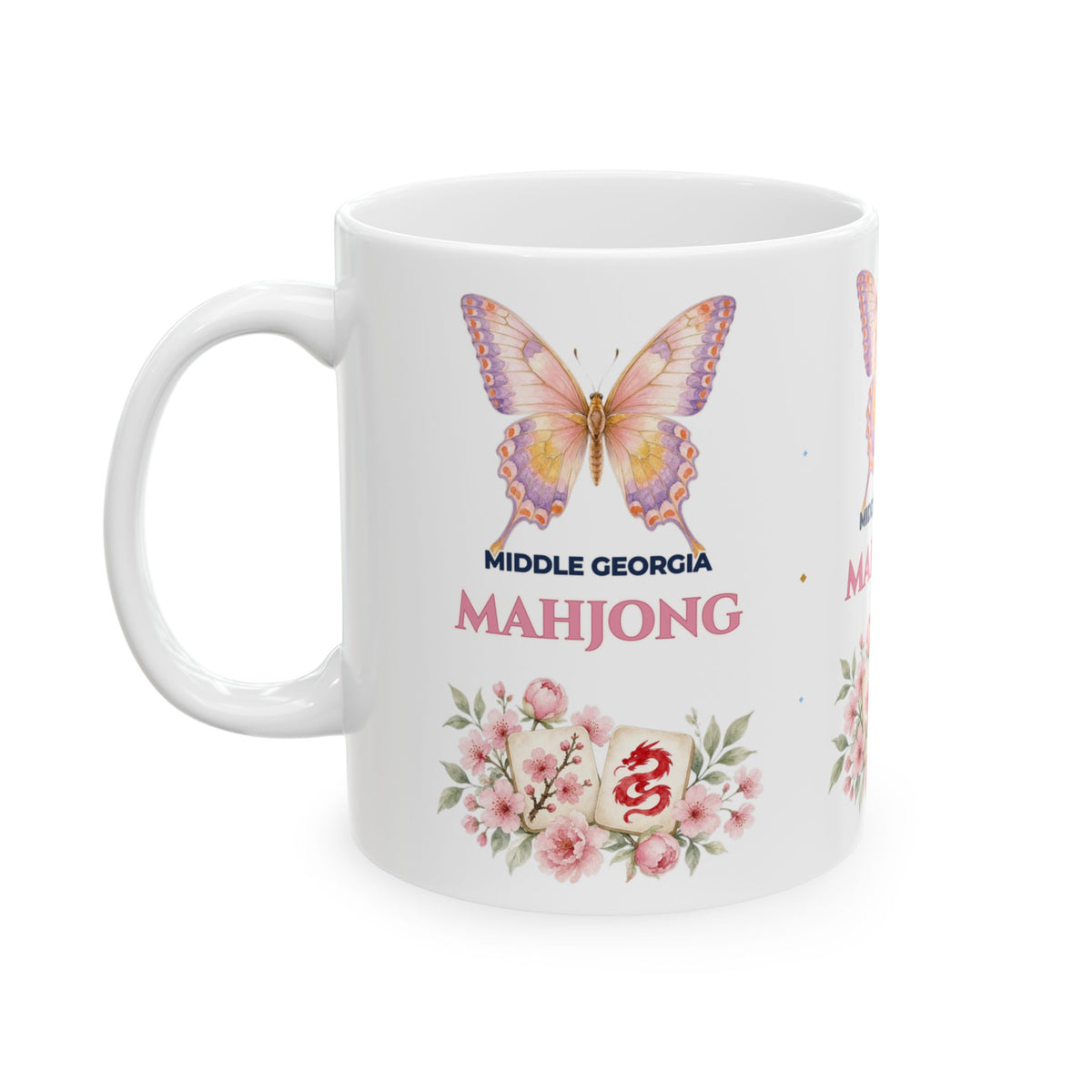 Personalized Custom City or Club Name Mahjong Club Mug | Watercolor Butterfly & Chinoiserie Floral Ceramic Coffee Cup (11oz / 15oz)