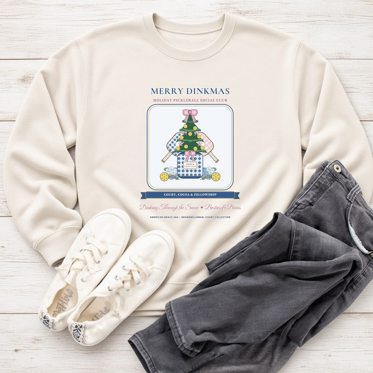 Merry Dinkmas Court & Cocoa Club Sweatshirt White Shiplap Boutique Outfit Flat-Lay | American Grace USA