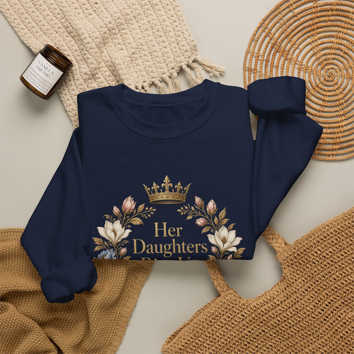 Her Daughters Rise Up Proverbs 31:28 Crewneck Sweatshirt | Mother Daughter Matching Christian Sweatshirt, Navy Gold Floral Wreath