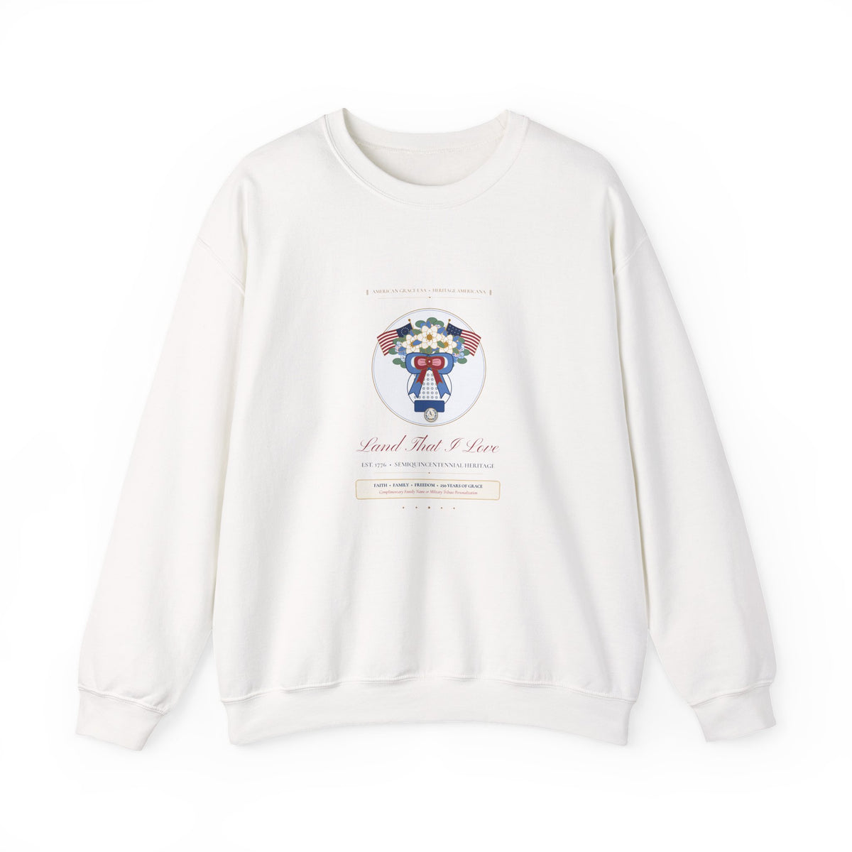 "Land That I Love • Est. 1776" Chinoiserie Ginger Jar, White Magnolia & Vintage American Flag Bow Heavyweight Crewneck Sweatshirt