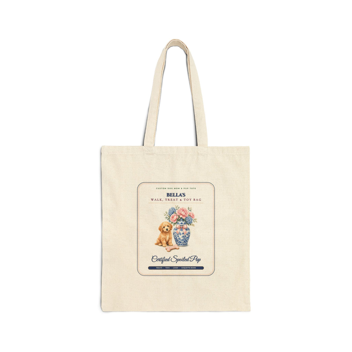 Personalized Custom Dog Name Walk, Treat & Toy Canvas Tote Bag | Chinoiserie Ginger Jar & Coquette Bow Dog Mom Gift Bag