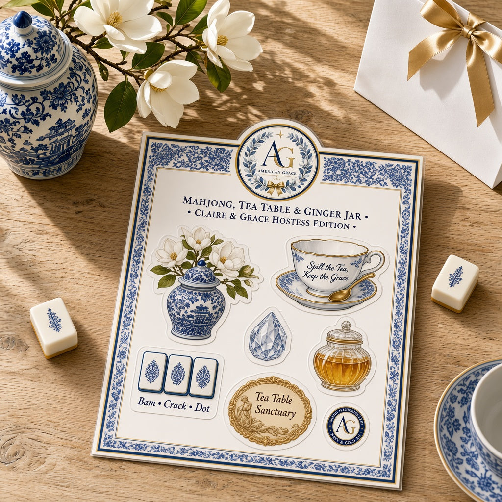 Claire & Grace's "Mahjong, Tea Table & Ginger Jar" AG-Bordered Kiss-Cut Collector's Sticker Sheet — Sunlit White Oak Table Close-Up