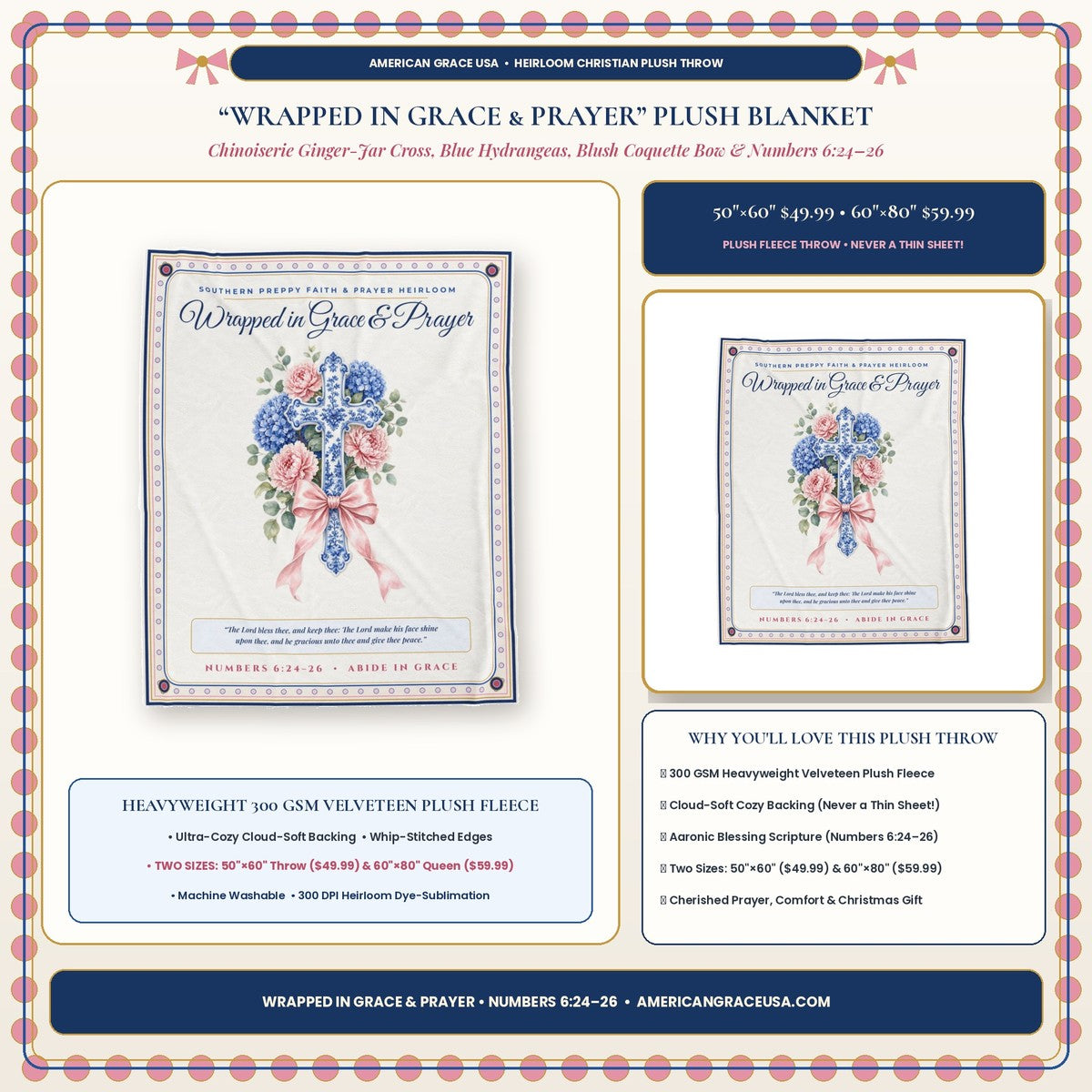 Chinoiserie Ginger-Jar & Blue Hydrangea Cross Wrapped in Grace & Prayer Plush Blanket Hero Card