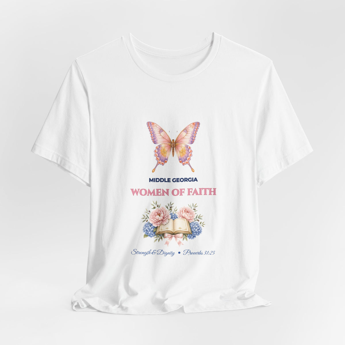 Personalized Custom Church or Ministry Name Shirt | Watercolor Butterfly & Scripture Bella+Canvas 3001 Tee | Women of Faith Bible Study Gift