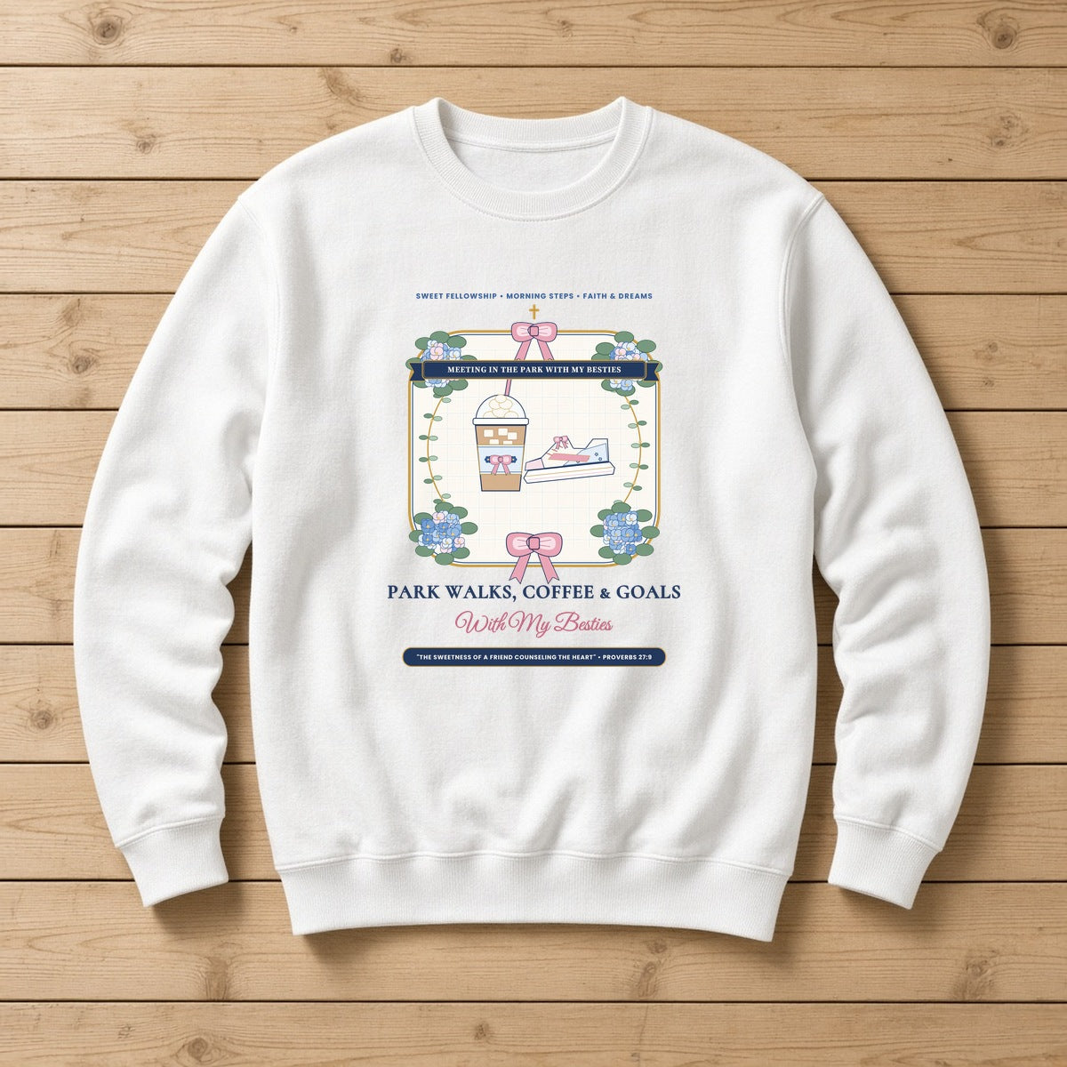 Park Walks Coffee & Goals With My Besties Sponge Fleece Sweatshirt in Crisp White Flat-Lay | American Grace USA