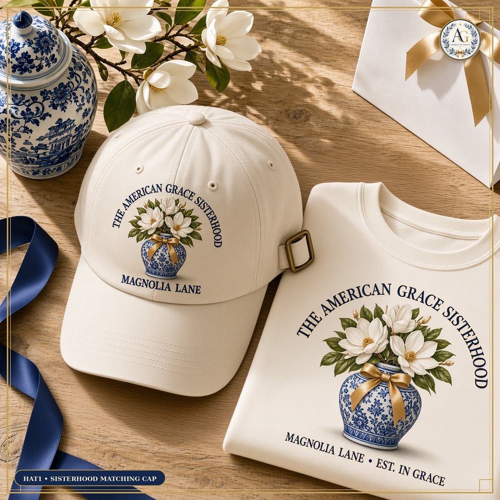 The American Grace Sisterhood Magnolia Lane Social Club Embroidered Chinoiserie Ginger-Jar Dad Cap in Ivory Cream paired with matching SW1 Crewneck on warm white oak table