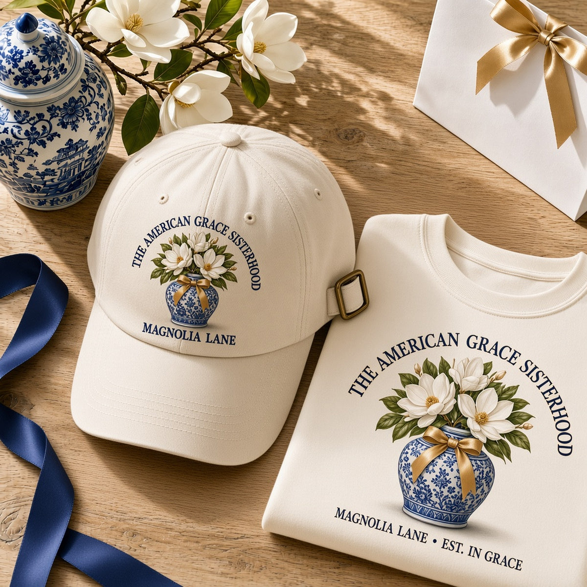 The American Grace Sisterhood Magnolia Lane Social Club Embroidered Chinoiserie Ginger-Jar Dad Cap in Ivory Cream paired with matching SW1 Crewneck on warm white oak table - Studio View