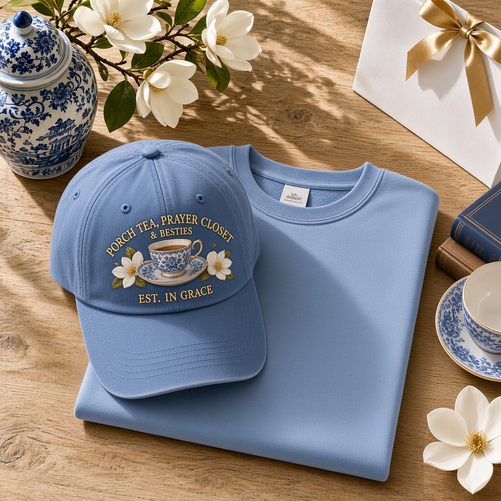 The American Grace Sisterhood Porch Tea Prayer Closet & Besties Embroidered Cap in Soft French Blue paired with matching SW2 Crewneck on warm white oak table - Studio View
