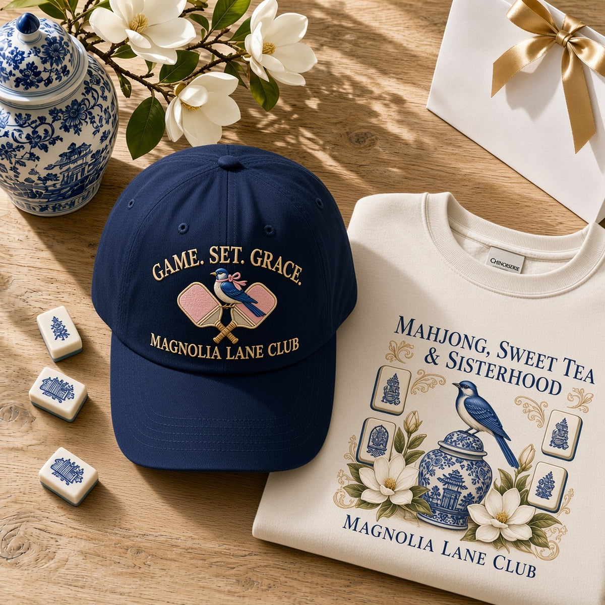 The American Grace Sisterhood Game Set Grace Magnolia Lane Club Embroidered Cap in Heritage Navy paired with matching SW3 Crewneck on warm white oak table - Studio View