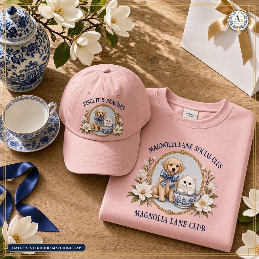 The American Grace Sisterhood Biscuit & Peaches Magnolia Lane Social Club Embroidered Cap in Soft Blush Pink paired with matching SW4 Crewneck on warm white oak table