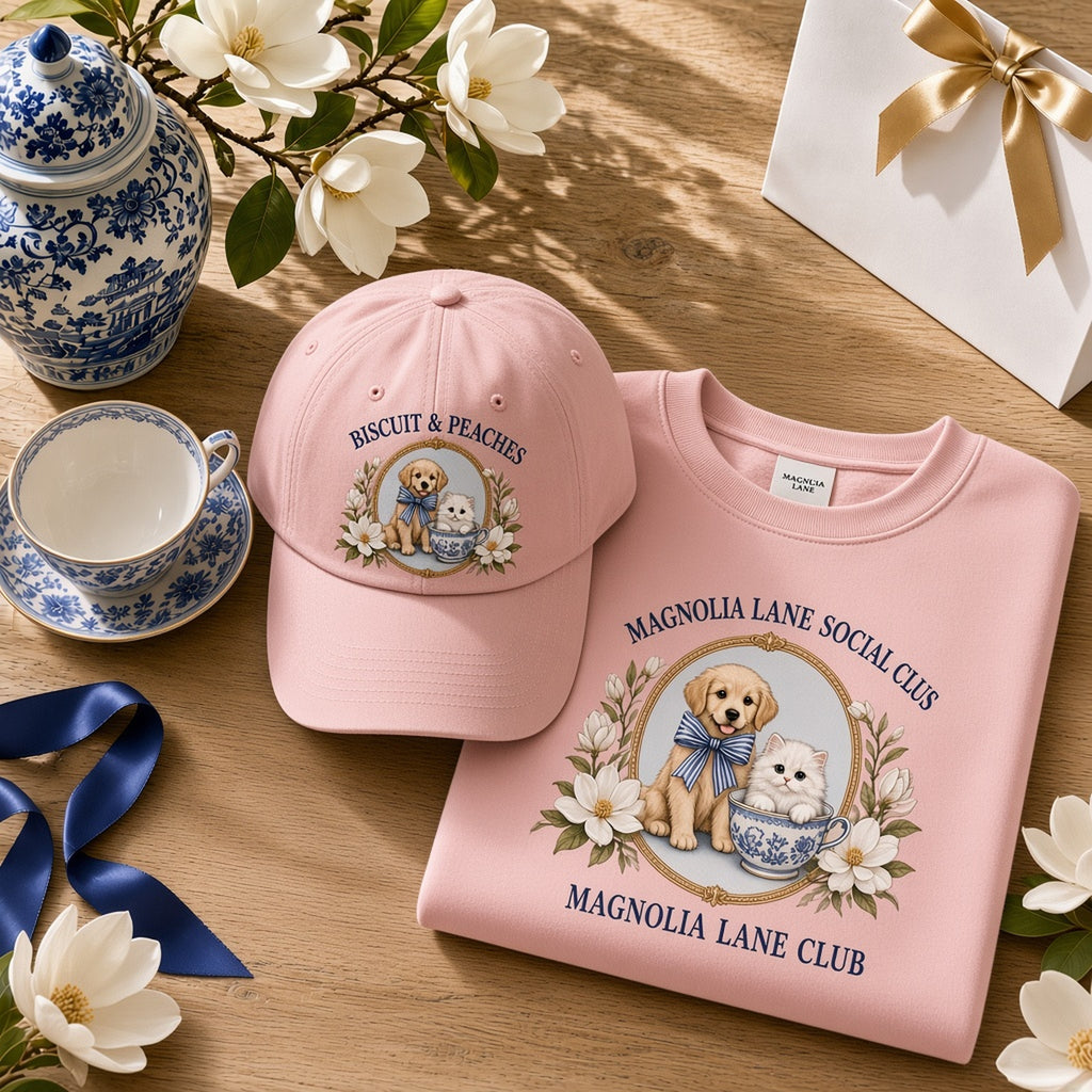 The American Grace Sisterhood Biscuit & Peaches Magnolia Lane Social Club Embroidered Cap in Soft Blush Pink paired with matching SW4 Crewneck on warm white oak table - Studio View