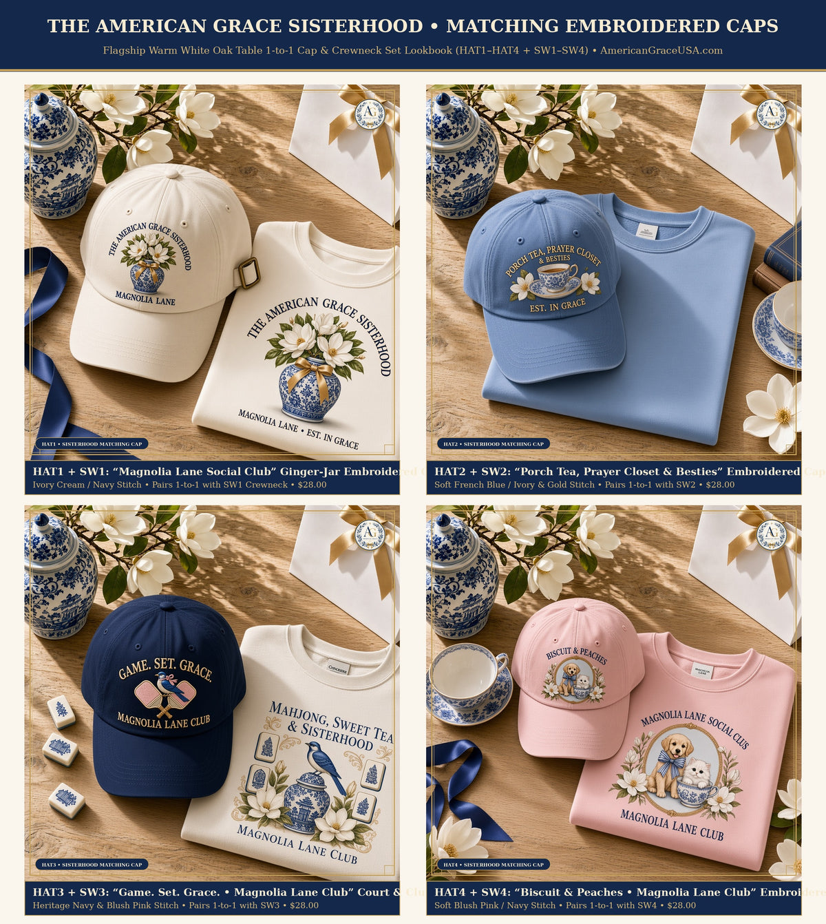 The American Grace Sisterhood Matching Embroidered Caps & Crewneck Lookbook