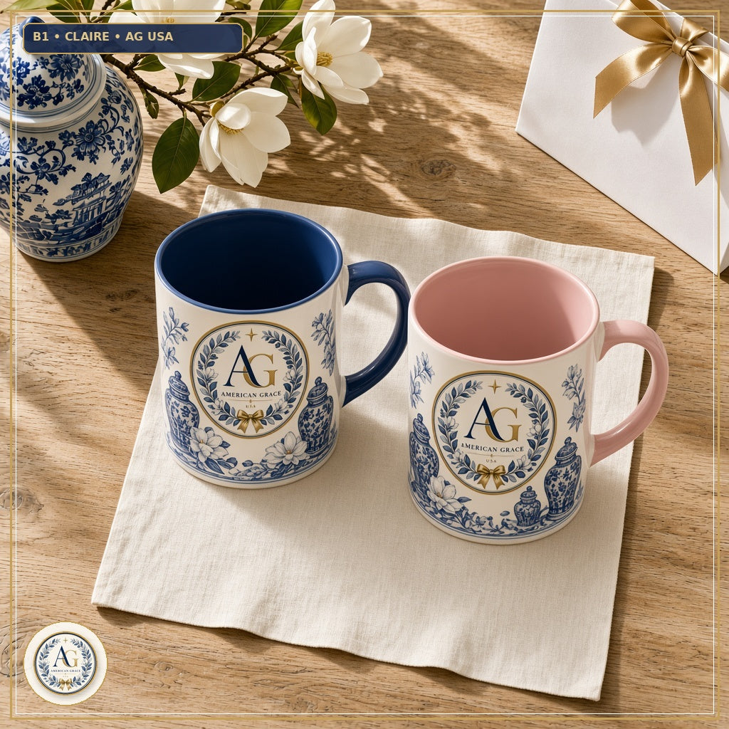 Claire's "Magnolia & Ginger Jar" Two-Tone Chinoiserie Tea Mug — American Grace USA — Flagship Boutique Oak Table Studio