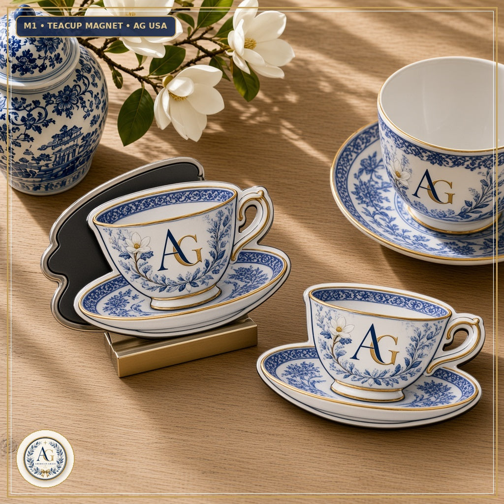 "Savannah Porch" Scalloped Blue-and-White Chinoiserie Teacup & Saucer Die-Cut Refrigerator Magnet — Flagship Boutique Oak Table Studio