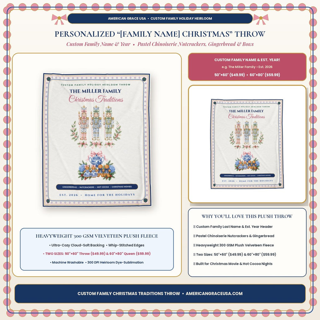 Personalized The Family Name Family Christmas Gingerbread Nutcracker & Chinoiserie Bow Plush Throw Hero Card