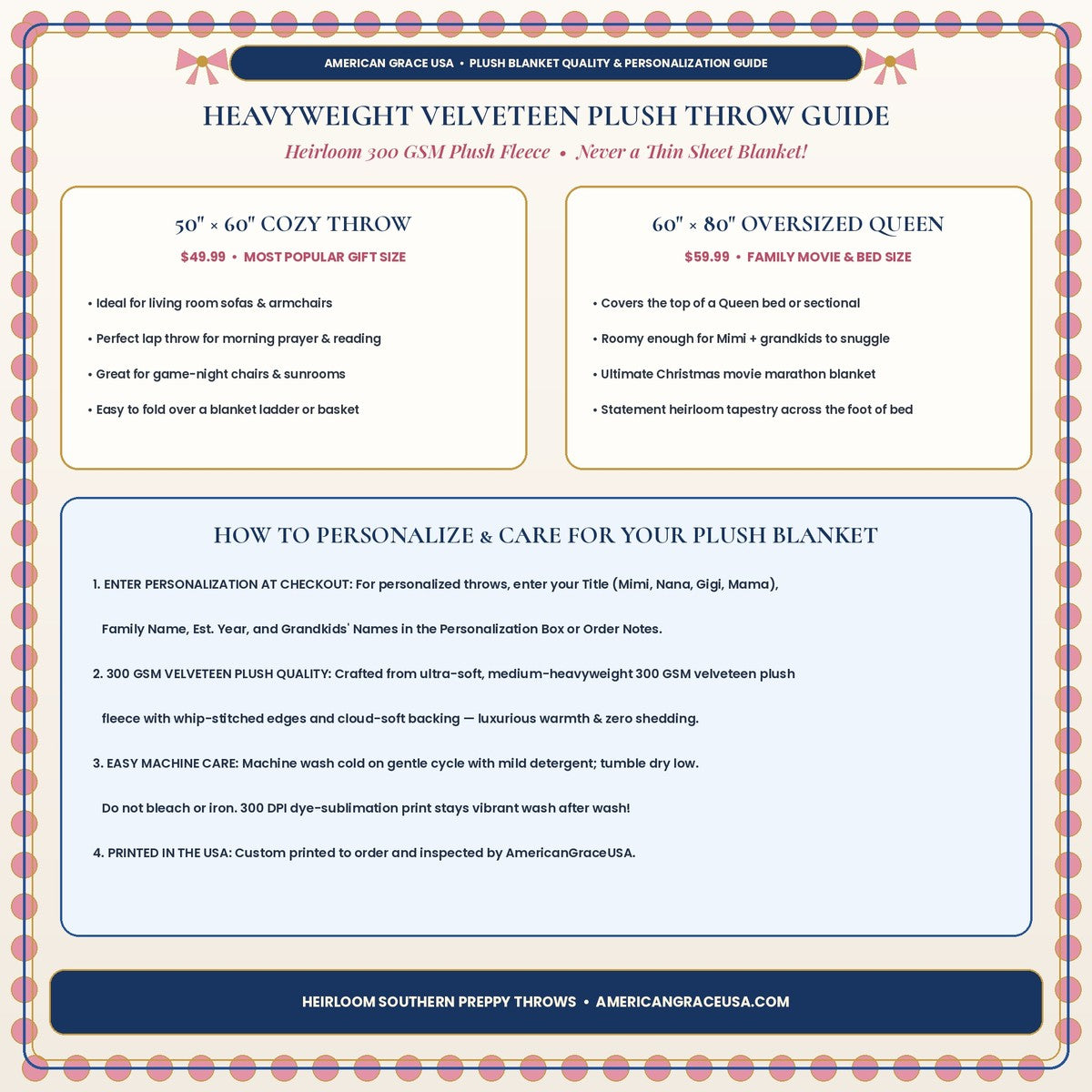 AmericanGraceUSA Heirloom Plush Blanket Size, Fabric & Care Guide Card